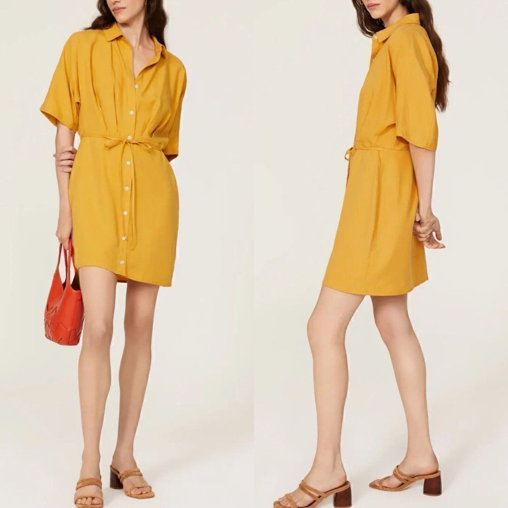 THAKOON Collective Shirt Dress Womens 4 Yellow Tie Waist Tencel Short Sleeve